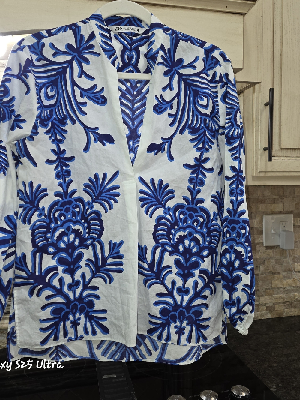 Zara White Blouse with Bold Blue Floral Print